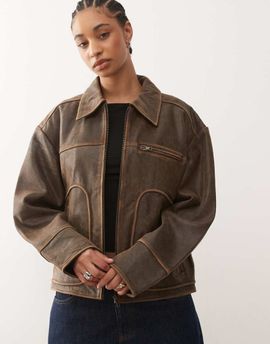 Noisy May Noisy May leather jacket in washed brown