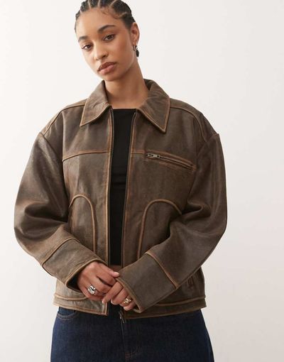 Noisy May Noisy May leather jacket in washed brown