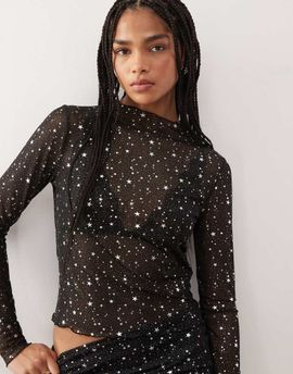 Noisy May Noisy May lettuce edge mesh top with silver stars print in black