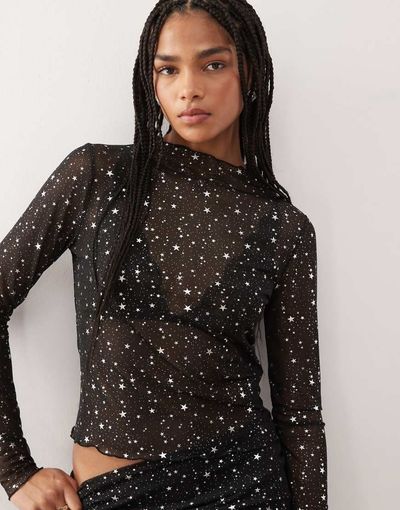 Noisy May Noisy May lettuce edge mesh top with silver stars print in black