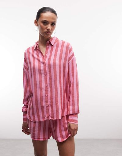 Noisy May Noisy May linen mix shorts in pink & red stripe - part of a set