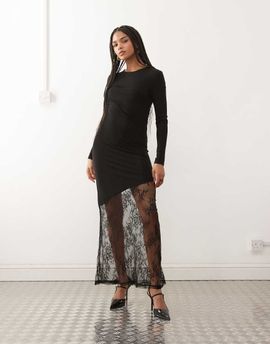 Noisy May Noisy May long sleeve maxi dress with lace fishtail in black