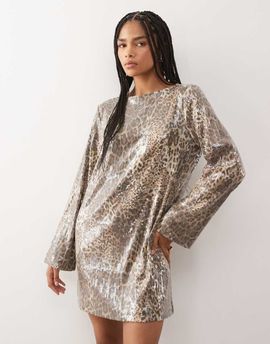 Noisy May Noisy May open back sequin mini dress in leopard-Black