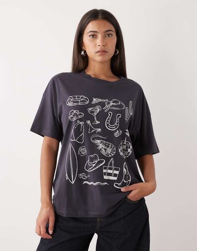 Noisy May Noisy May oversize T-shirt with summer graphic in charcoal-Gray