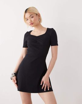 Noisy May Noisy May ribbed square neck mini skater dress with ruched detailing in black