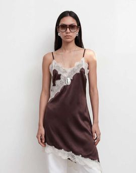 Noisy May Noisy May satin asymmetric lace hem longline top in chocolate-Brown