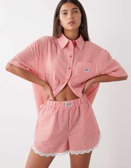 Noisy May Noisy May seersucker shorts with lace trim in red gingham - part of a set