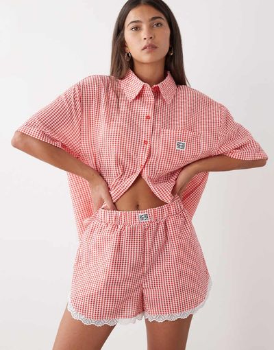 Noisy May Noisy May seersucker shorts with lace trim in red gingham - part of a set