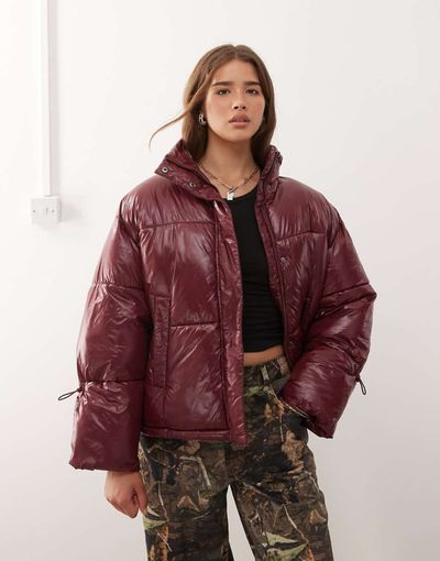 Noisy May Noisy May shiny puffer jacket in burgundy-Brown