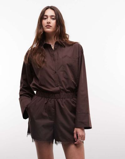 Noisy May Noisy May shorts with lace hem in chocolate - part of a set-Brown
