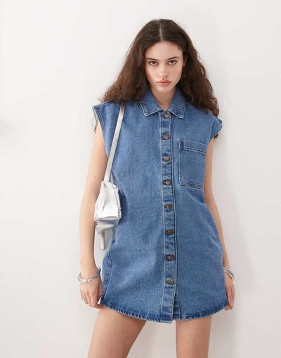 Noisy May Noisy May sleeveless denim mini dress in mid blue wash