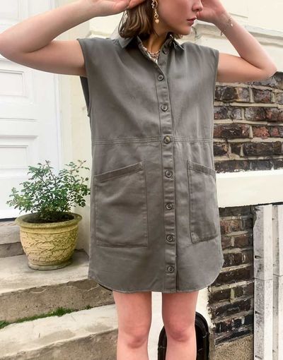 Noisy May Noisy May sleeveless denim pocket detail mini shirt dress in khaki-Green