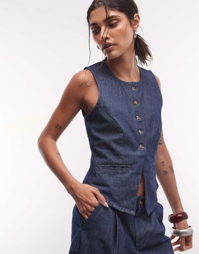 Noisy May Noisy May tailored vest in dark blue denim - part of a set