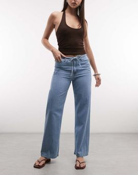 Noisy May Noisy May tie waist wide leg pants in light blue denim
