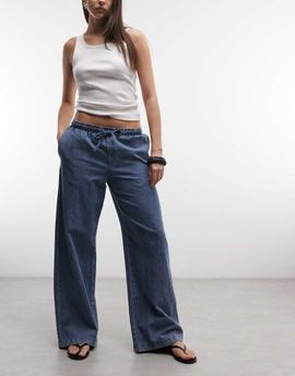 Noisy May Noisy May tie waist wide leg pants in washed blue denim