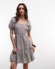 Noisy May Noisy May tiered seersucker mini dress with open tie back in chocolate gingham-Brown - 1