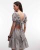 Noisy May Noisy May tiered seersucker mini dress with open tie back in chocolate gingham-Brown - 4