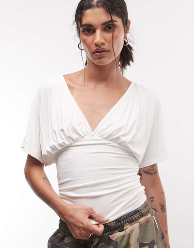 Noisy May Noisy May v-neck cinch top with bat sleeves in white