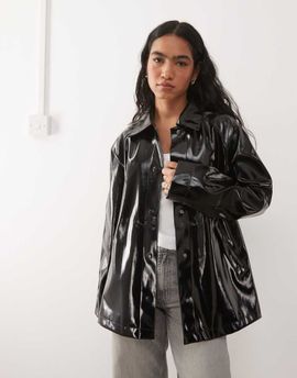 Noisy May Noisy May vinyl collared trench coat with leopard lining in black