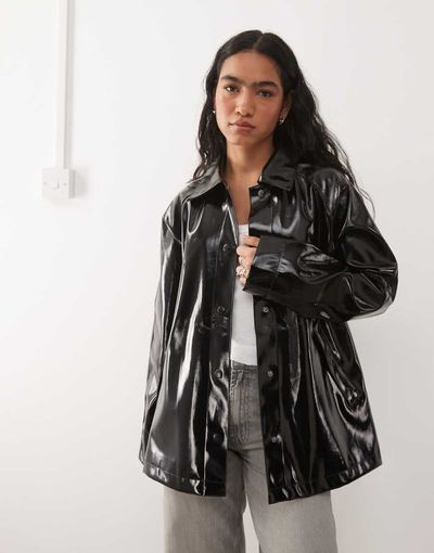 Noisy May Noisy May vinyl collared trench coat with leopard lining in black