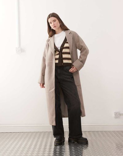 Noisy May Noisy May wool look maxi overcoat in beige-Neutral