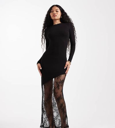 Noisy May Petite Noisy May Petite long sleeve maxi dress with lace fishtail in black