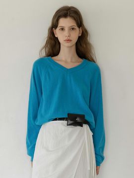 NONANDNON Herraci Wool Raglan V-neck Loose Fit T-shirt [Cobalt Blue] (NNKN0002)