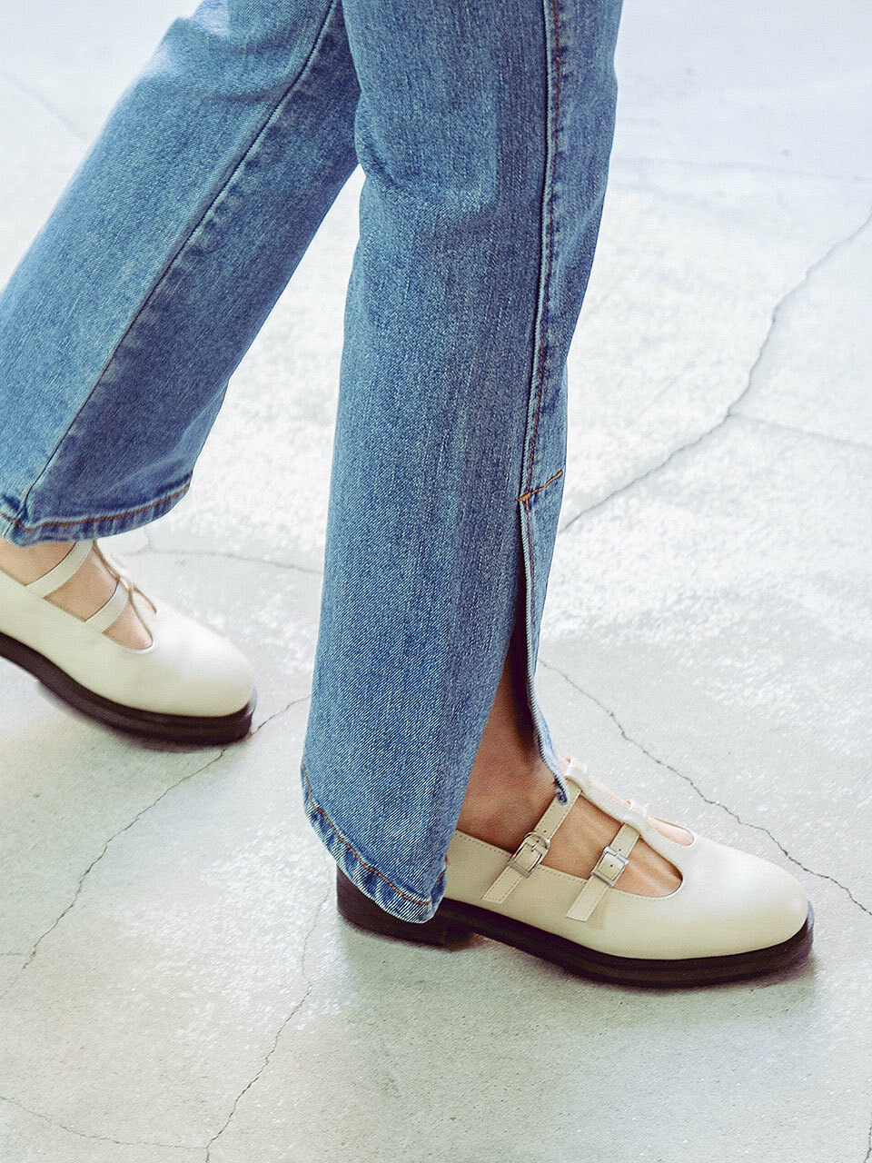 NONETHELESS Double T-strap Mary Janes_Cream