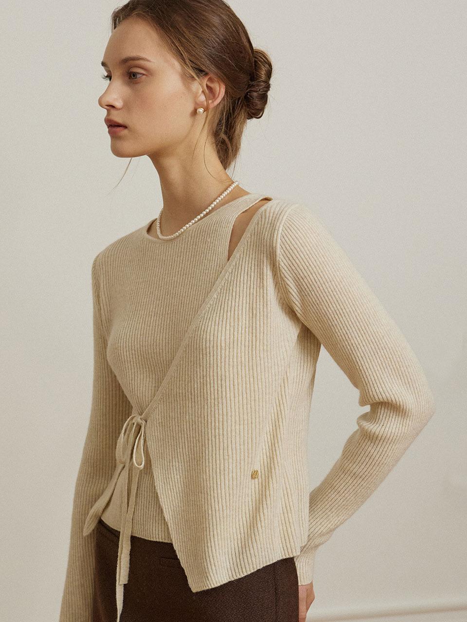 NONLOCAL Cut Out Diagonal Wrap Knit - Beige
