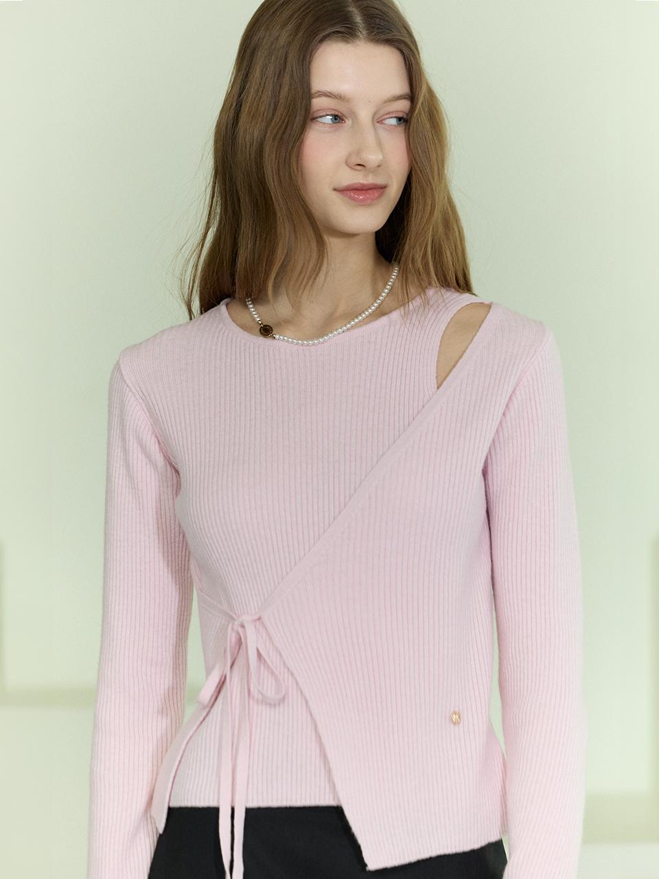 NONLOCAL Cut Out Diagonal Wrap Ribbed Sweater [Pink]
