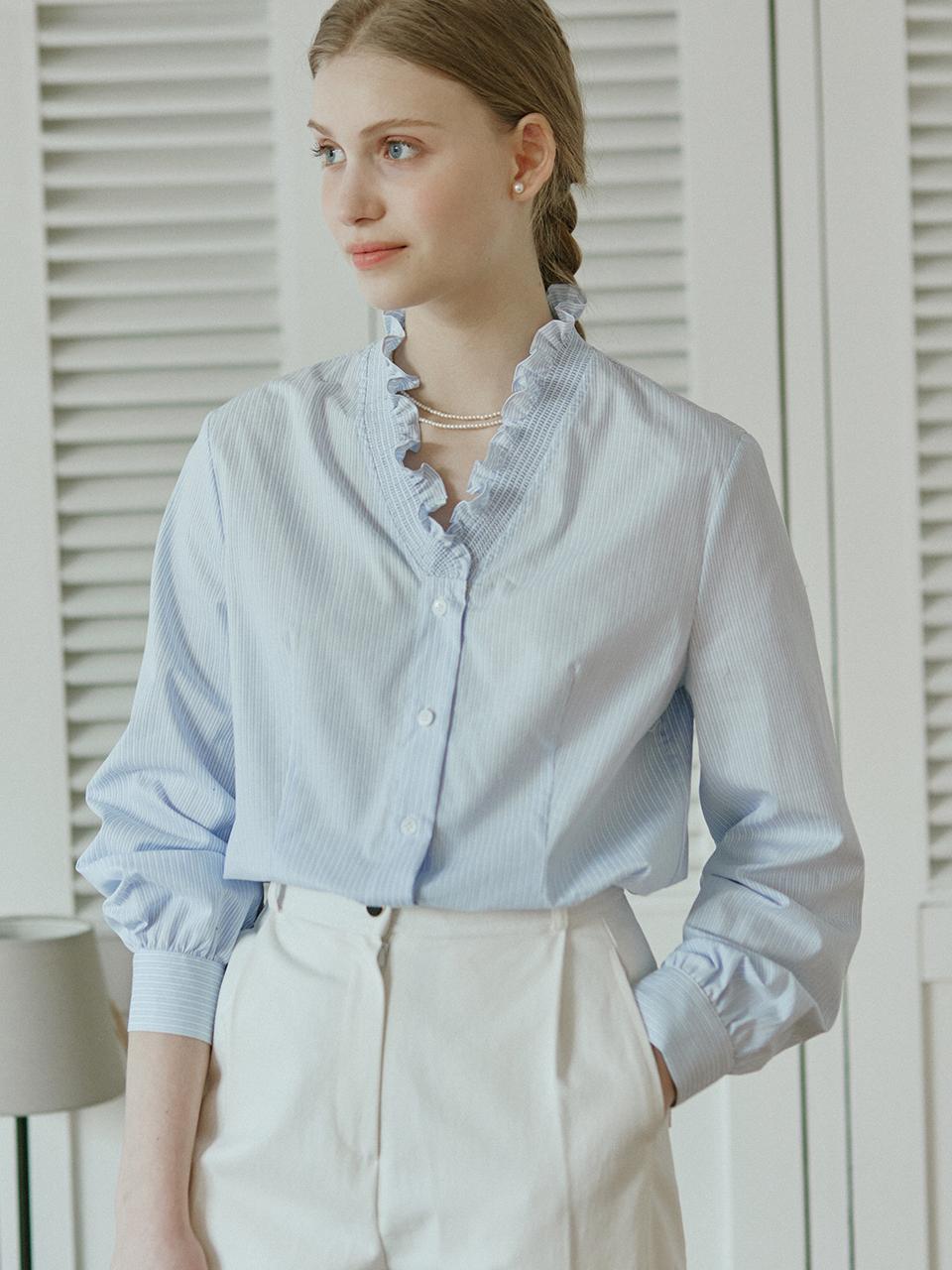 NONLOCAL Frill Collar Stripe Blouse (Blue)