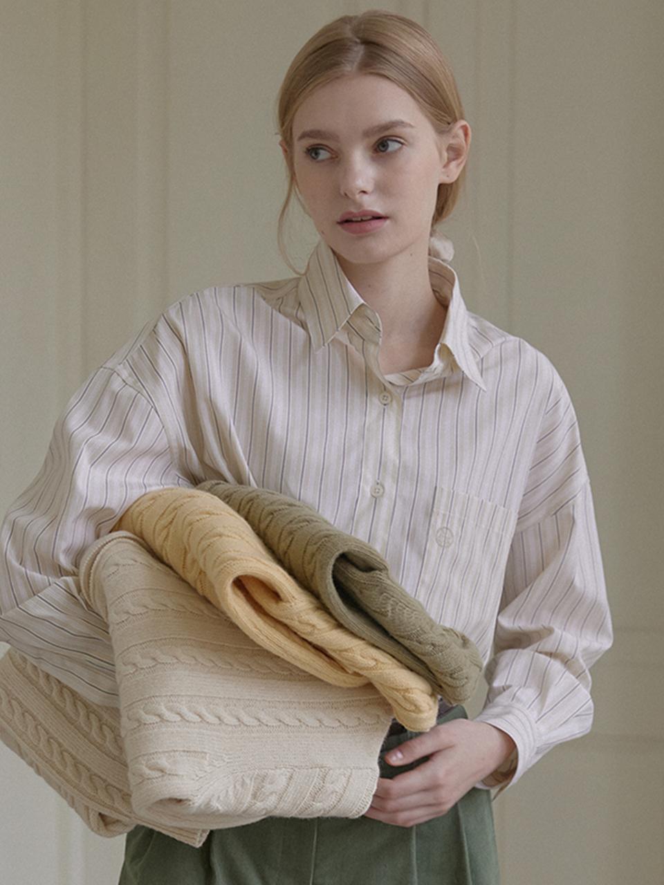 NONLOCAL Logo Embroidery Stripe Shirt - Beige