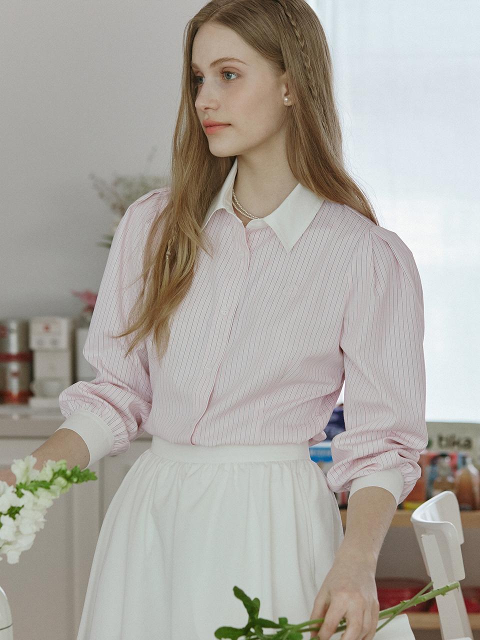 NONLOCAL Puff Sleeve Stripe Shirts (Pink)