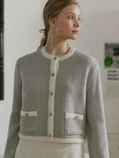 NONLOCAL Tweed Pocket Knit Cardigan (Light Blue)