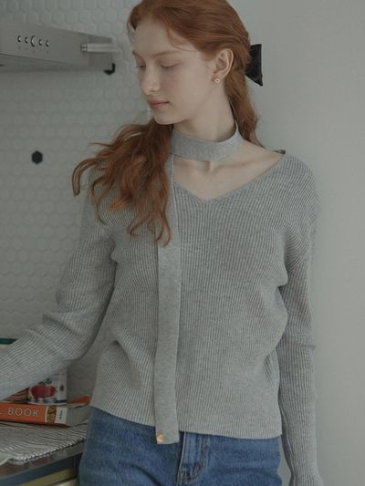 NONLOCAL V-Neck Tie Knit (Melange Gery)