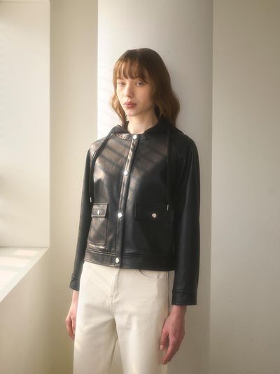 NOOR Round Hooded Faux Leather Jacket