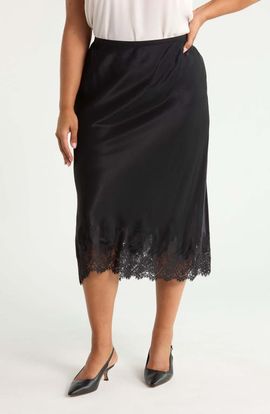 Nordstrom Nordstrom Lace Trim Satin Midi Skirt