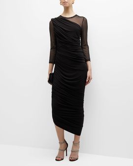 Norma Kamali Diana Long-Sleeve Asymmetric Mesh Gown