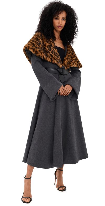 Norma Kamali Norma Kamali Shawl Collar Peplum Coat Heather Grey/Spotted Animal