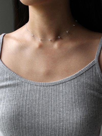 NORMALLEE Delicate Silver Chain Glass Necklace [Beige Gold]