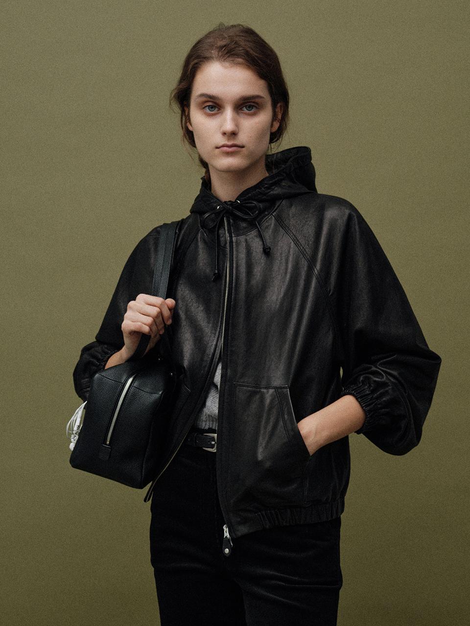 NOTHING WRITTEN Hooded Leather Blouson Jacket (Black)