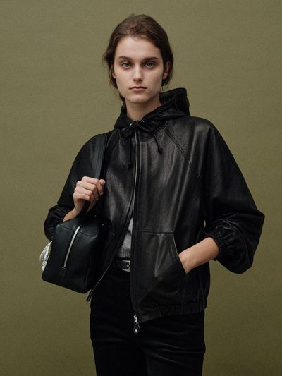 NOTHING WRITTEN Hooded Leather Blouson Jacket (Black)