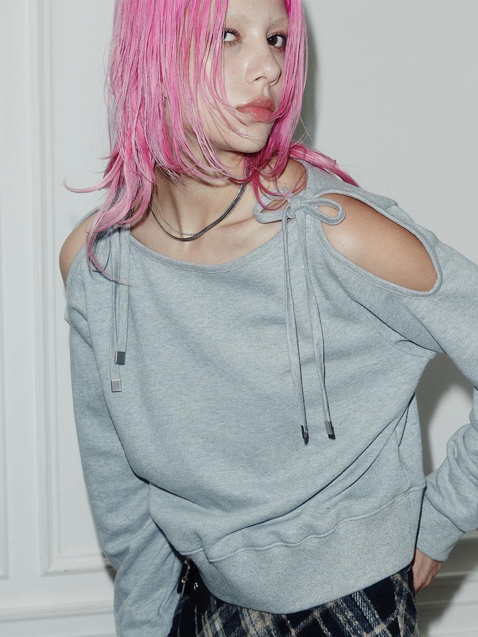 NOTKNOWING Shoulder Open Strap Sweatshirt (MELANGE GREY)