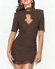 Noughts & Kisses Noughts & Kisses Amaya lace trim keyhole detail asymmetric mini dress in chocolate-Brown - 2