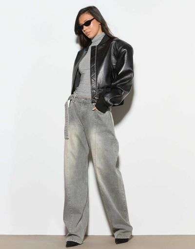 Noughts & Kisses Noughts & Kisses belt detail seam front straight leg jeans in gray acid wash-Blue