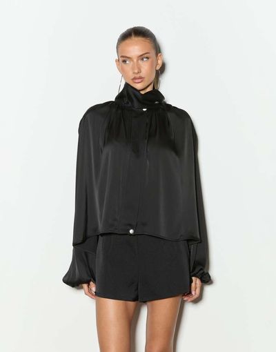 Noughts & Kisses Noughts & Kisses Celeste satin funnel neck drape detail top in black