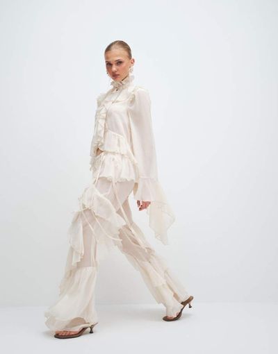 Noughts & Kisses Noughts & Kisses chiffon extreme ruffle detailing wide leg pants in cream - part of a set-Neutral