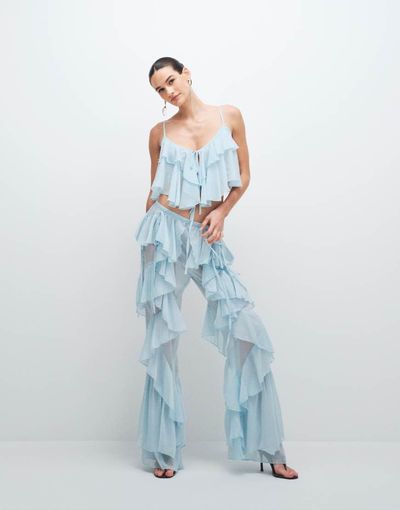 Noughts & Kisses Noughts & Kisses chiffon ruffle detailed wide leg pants in soft blue - part of a set