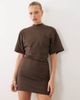 Noughts & Kisses Noughts & Kisses cotton soft touch sculpted high neck ruched waist mini dress in chocolate-Brown - 1