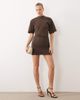 Noughts & Kisses Noughts & Kisses cotton soft touch sculpted high neck ruched waist mini dress in chocolate-Brown - 3